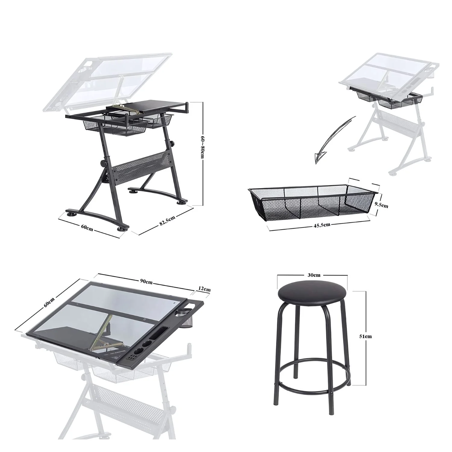 Mesa de Dibujo con Tablero de Vidrio Ajustable Negra - Image 4