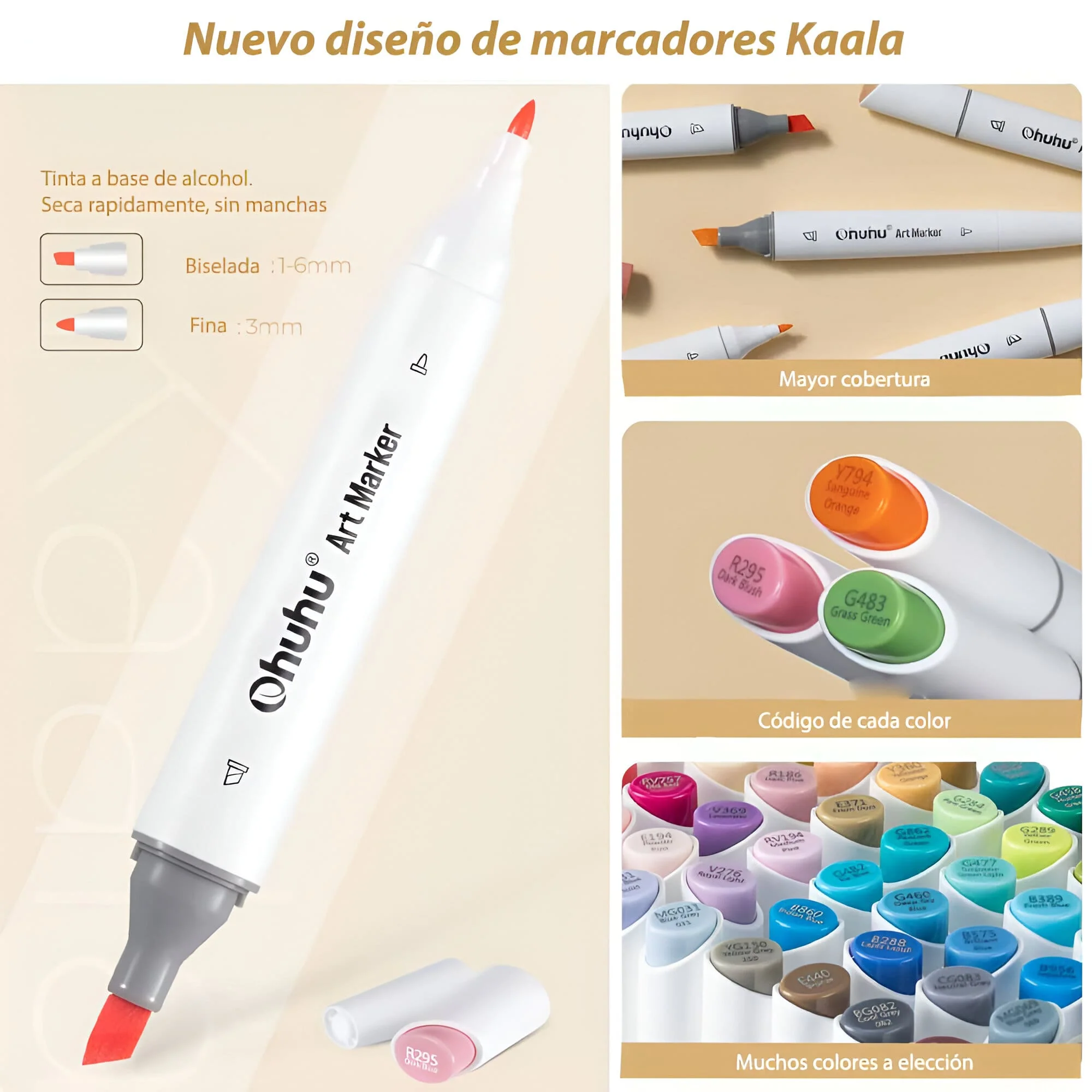 Ohuhu - Set 24 Marcadores al Alcohol Kaala Skin Tones Fina y Biselada - Image 3